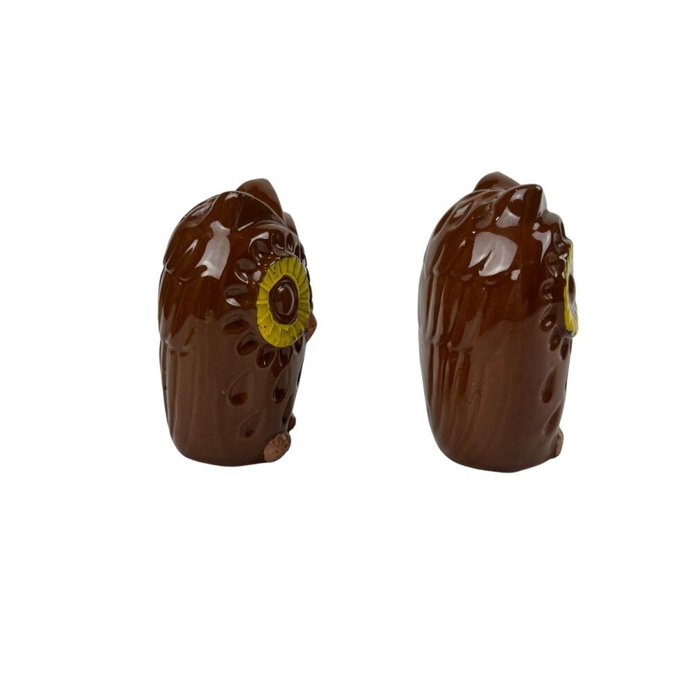 Vintage Owl Salt And Pepper Shakers Set Large Brown Yellow Eyes Ceramic - Picture 8 of 10